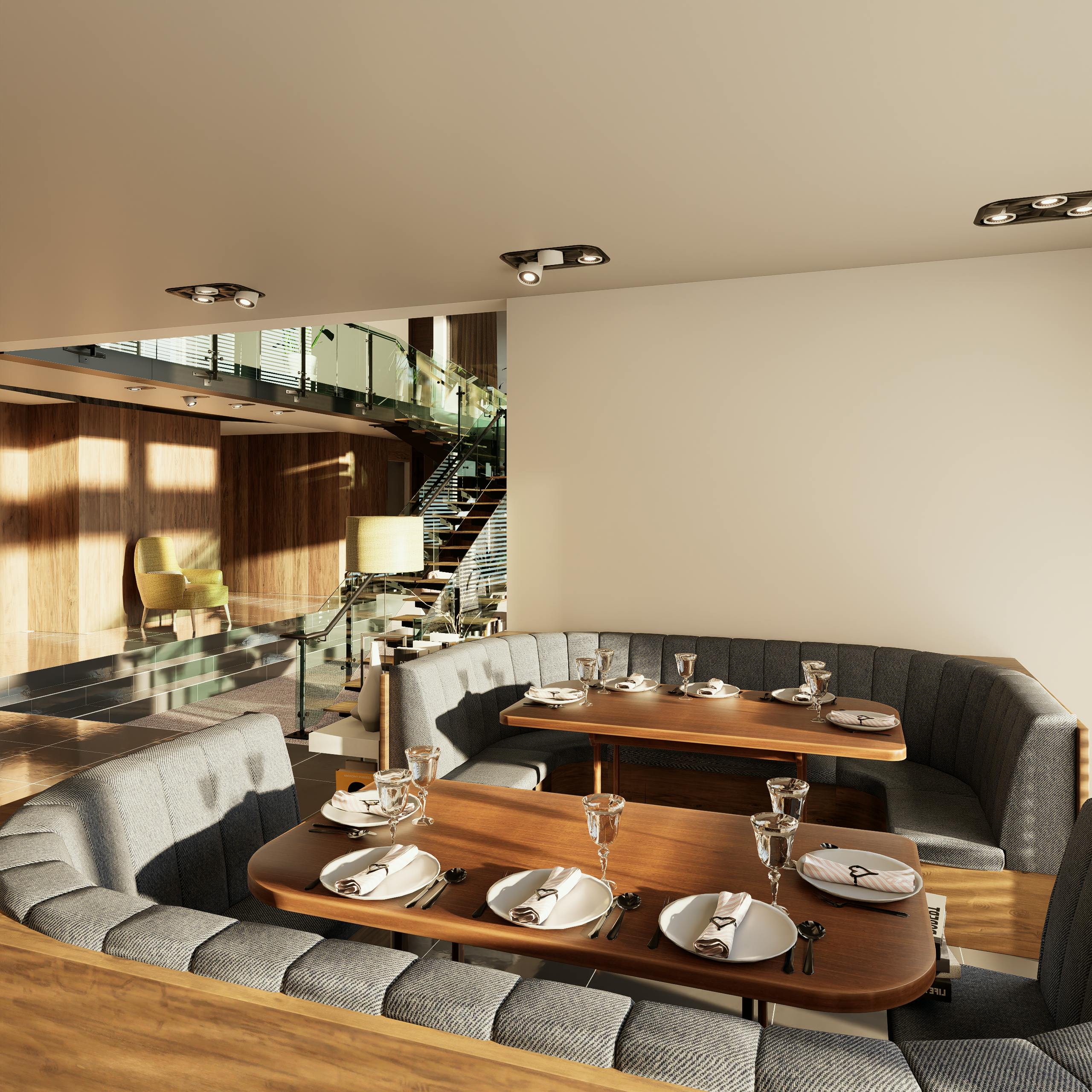 Rustic restaurant interior with warm lighting and wooden tables